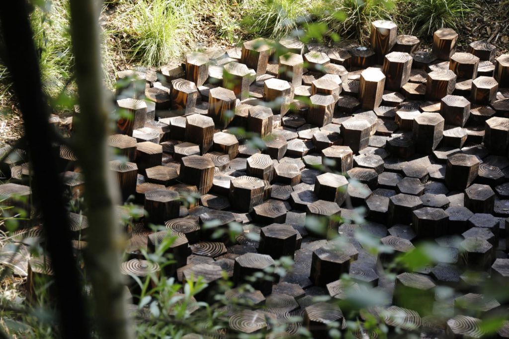 Garden design in the Loire. Wooden hexagonals form a sculptural component