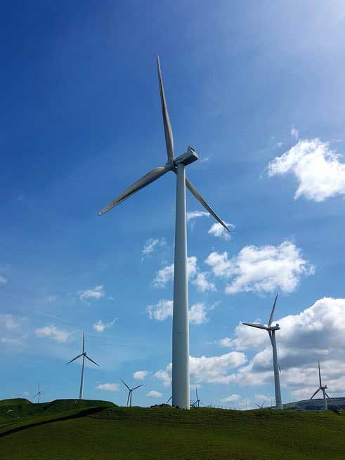 wind turbines on a beautiful blue sky day