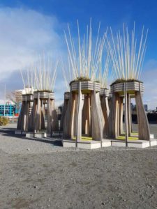 Arising from the rubble, a photo of a public sculpture in Christchurch commemorating the Christchurch Earthquake big columns supporting garden platforms - acknowledging what has been and looking at new ways forward