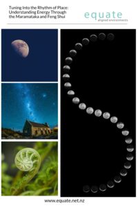 Pinterest pin for Equate Aligned Environments article: Tuning Into the Rhythm of Place — Maramataka and Feng Shui, featuring moon phases, New Zealand night sky, and koru fern